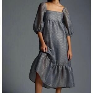 Anthropologie Textured Puff Sleeve Dress Metallic Grey Midi Tiered Dress Sz XS